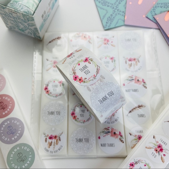 500pc Thank You Stickers. Watercolour Floral Feather Boho Shipping Stickers - Picture 2 of 8
